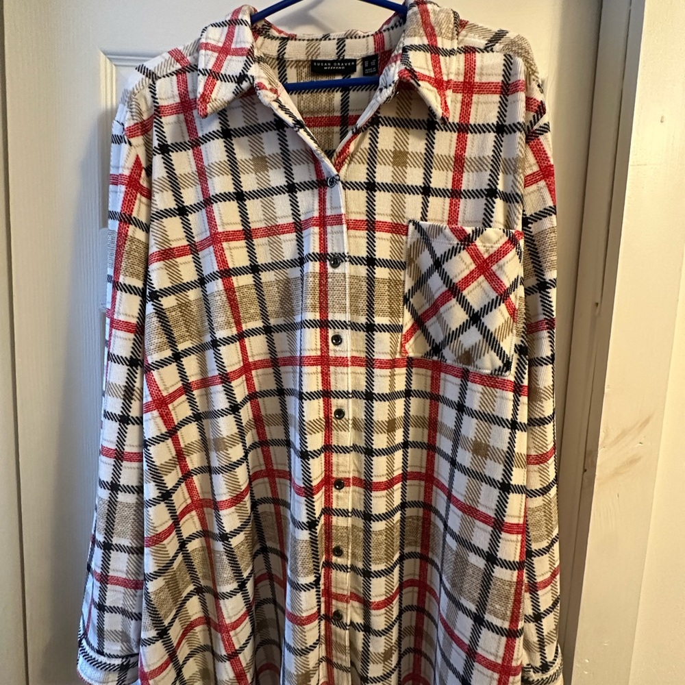 Susan Graver Women's Plaid Button Down Shacket - Red, Black, Tan